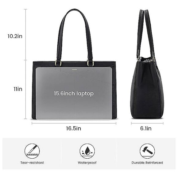 Laptop Bag for Women 15.6 Inch Tote Bags Waterproof Leather Vintage Black - Picture 8 of 8